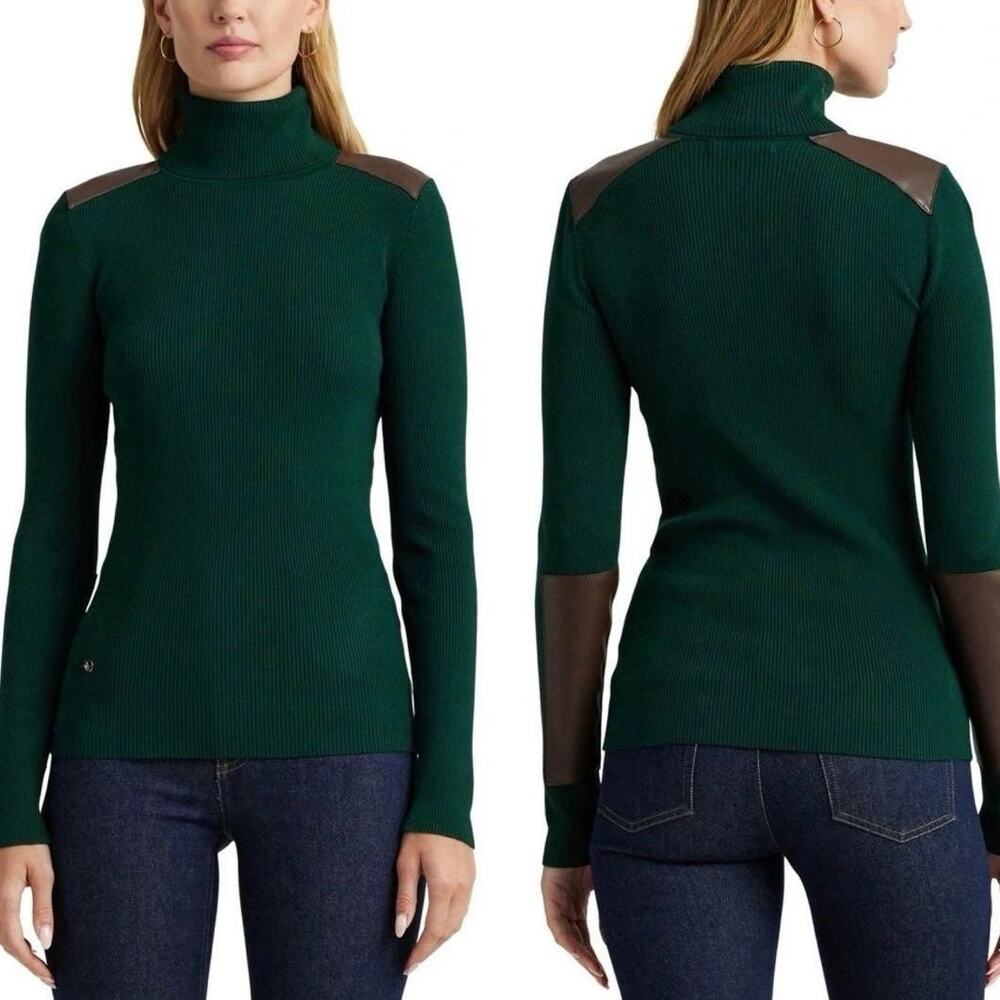 LAUREN RALPH LAUREN Faux Leather-Trim Ribbed Turtleneck Season Green Sz S - NWT
